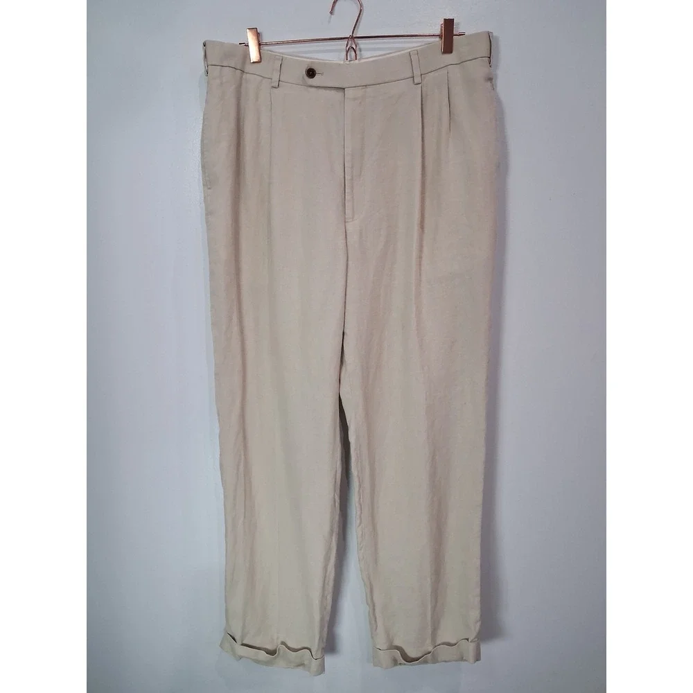 Brooks Brothers Mens Beige 100% Irish Linen Double Pleated Cuffed Pants 37x31